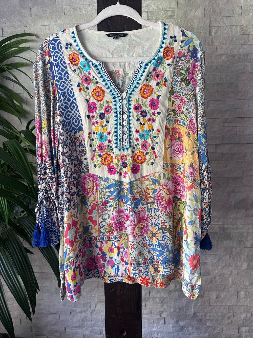 John Mark Boho Floral Embroidered Tunic Top Multicolor Size M